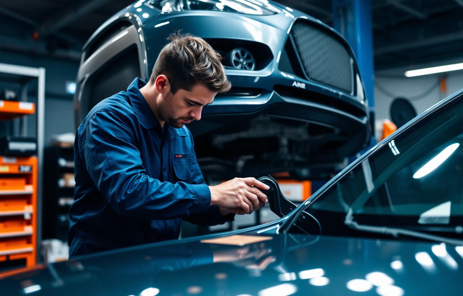 Mecânico instalando acessório automotivo